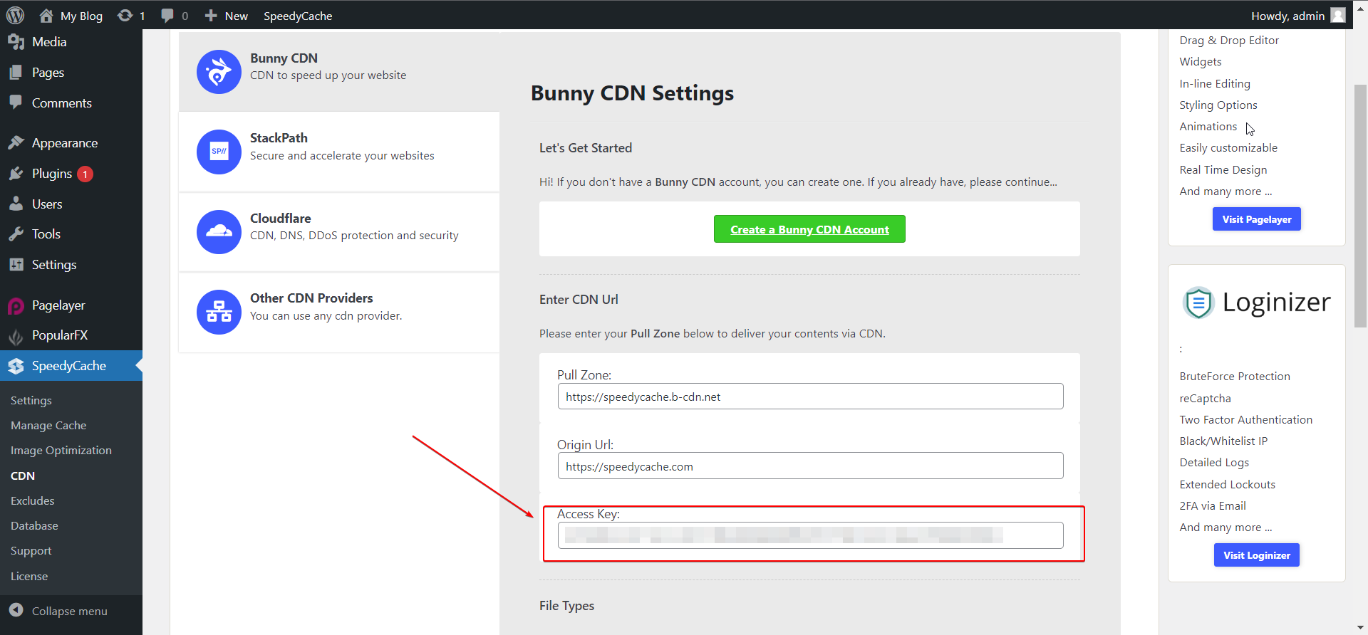 Add bunny Access key to Speedycache