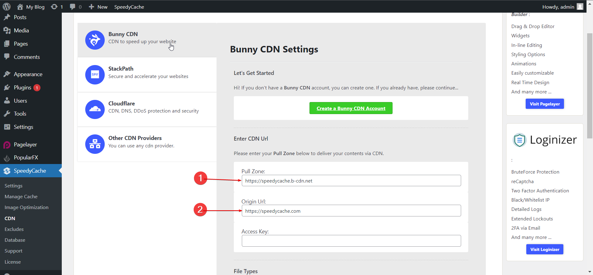 SpeedyCache Bunny CDN integration