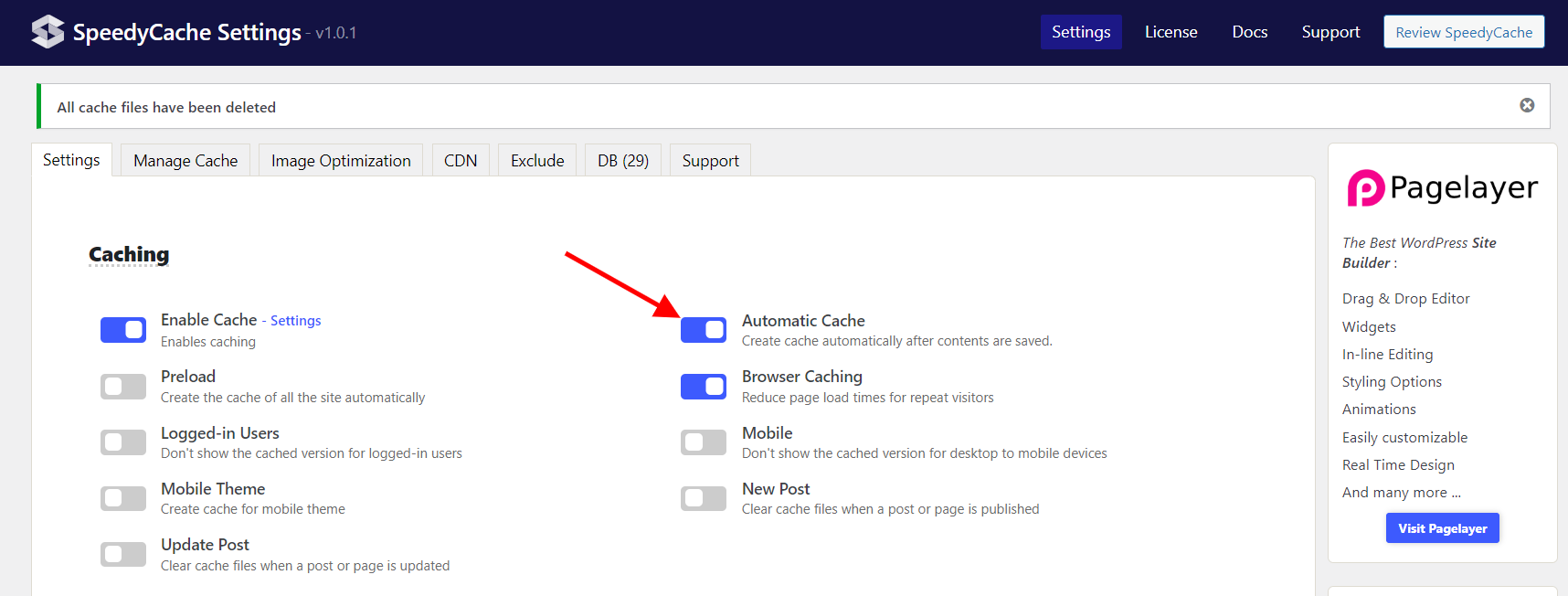 Enable Automatic Cache in SpeedyCache