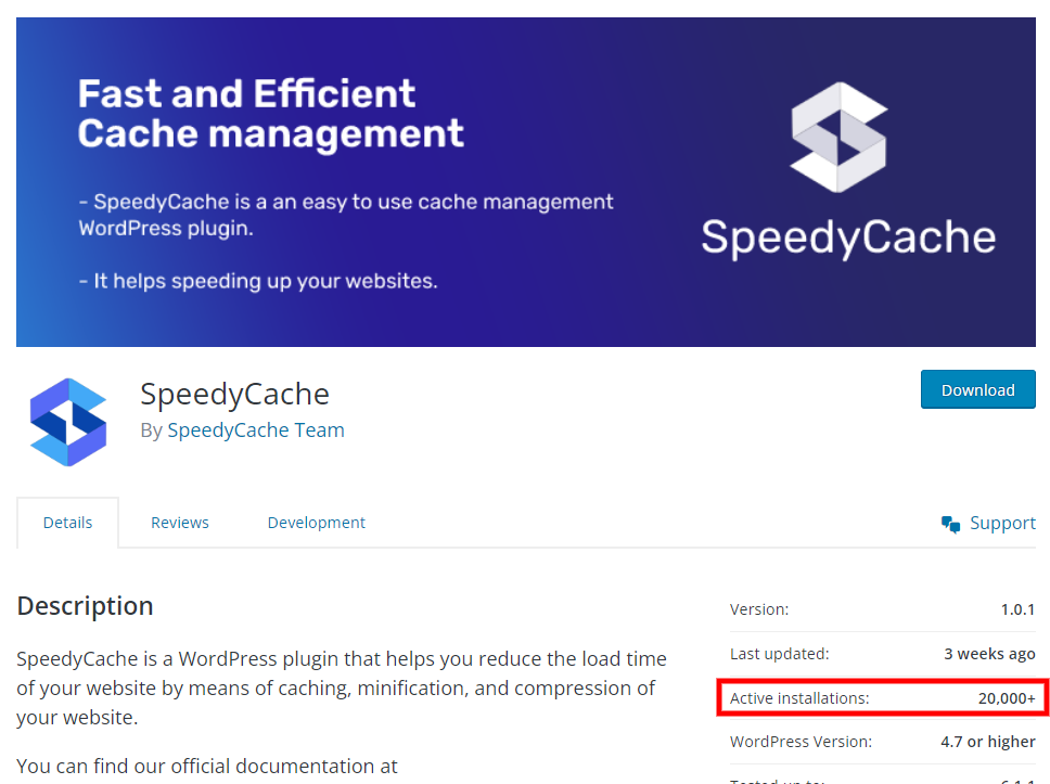 SpeedyCache WordPress plugin 20k installs stats