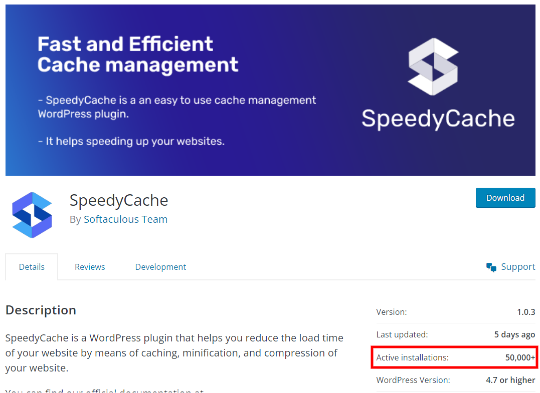 SpeedyCache 50K installs stats