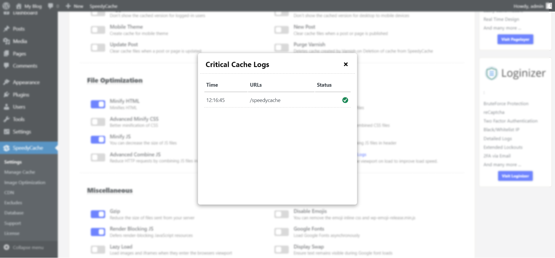 SpeedyCache Critical CSS Logs