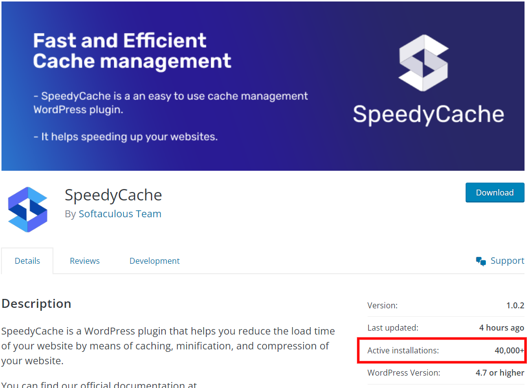 SpeedyCache 40K Installs stats