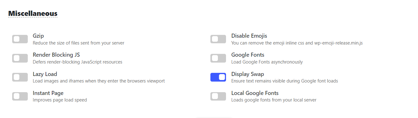 SpeedyCache Display swap for Google fonts