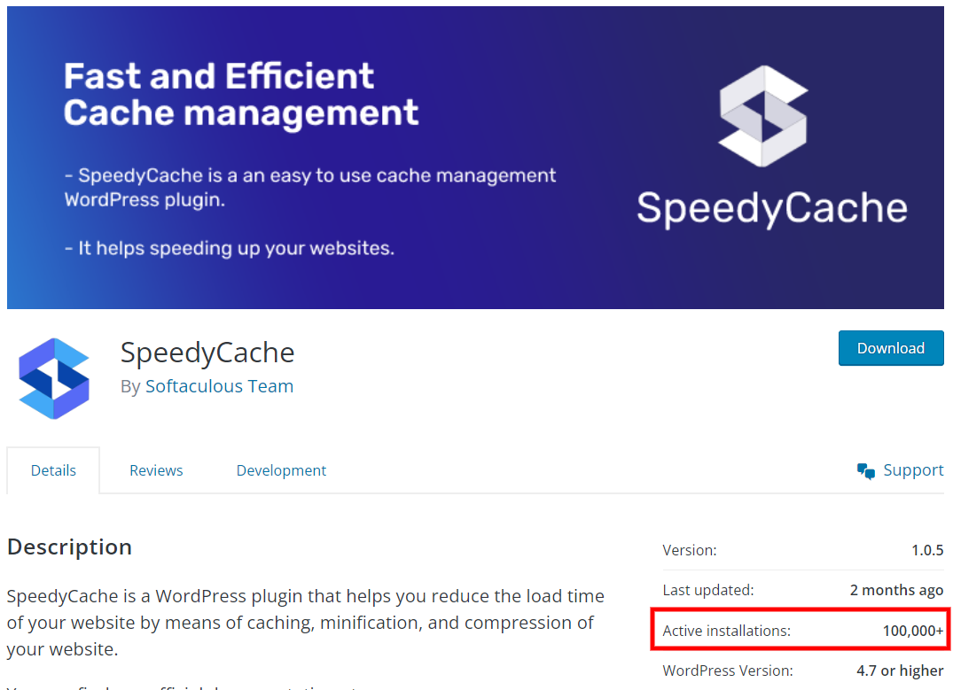 SpeedyCache 100K Installs Stats
