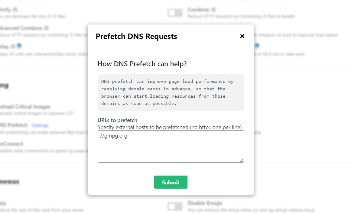 DNS Prefetch Settings Modal
