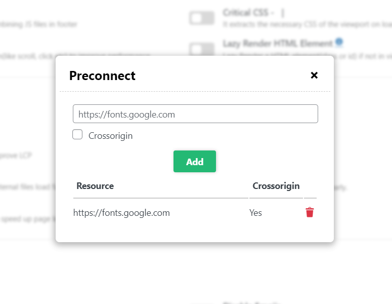 Preconnect Settings Modal