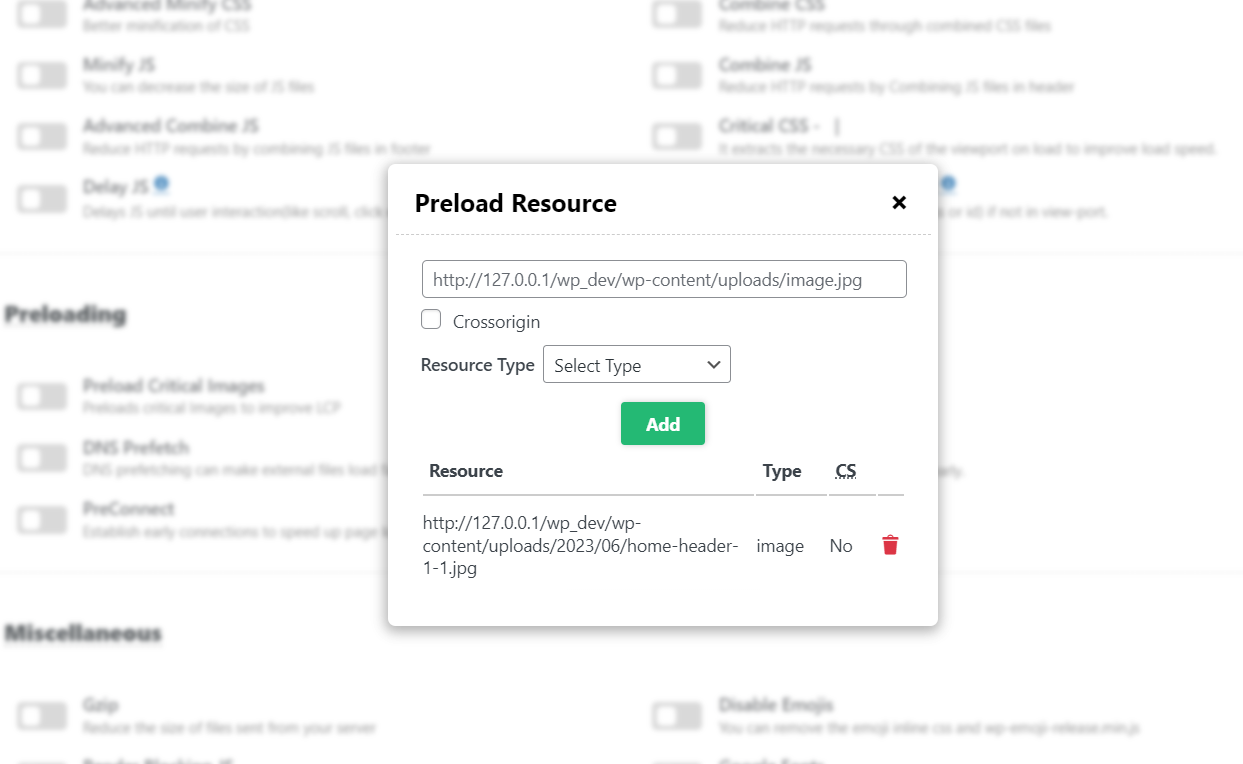 Preload Resource settings Modal