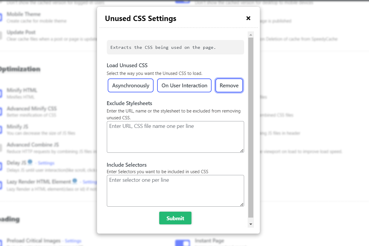 SpeedyCache Unused CSS settings