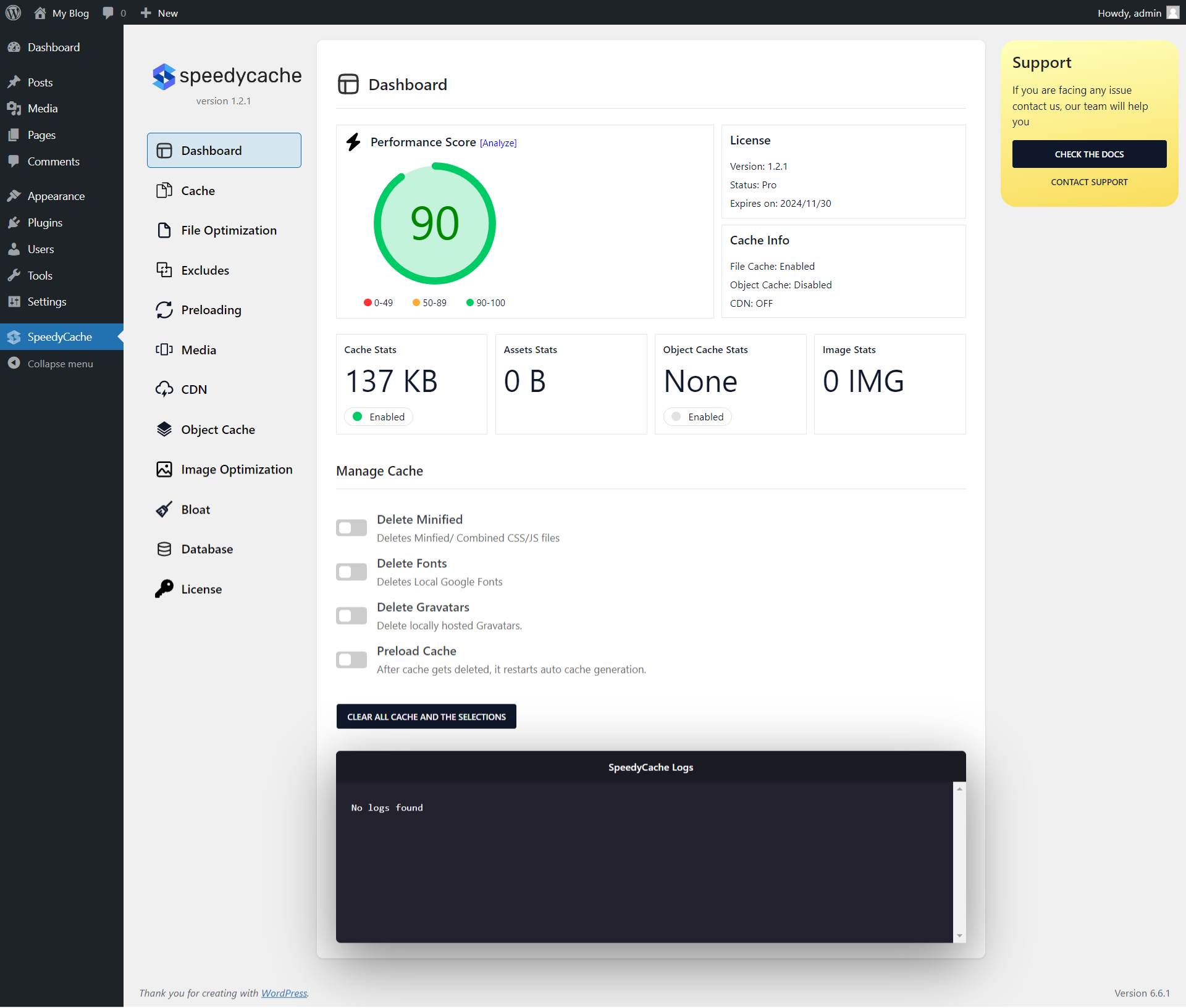 SpeedyCache Dashboard tab