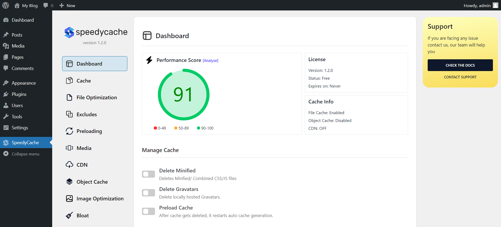 SpeedyCache Dashboard page