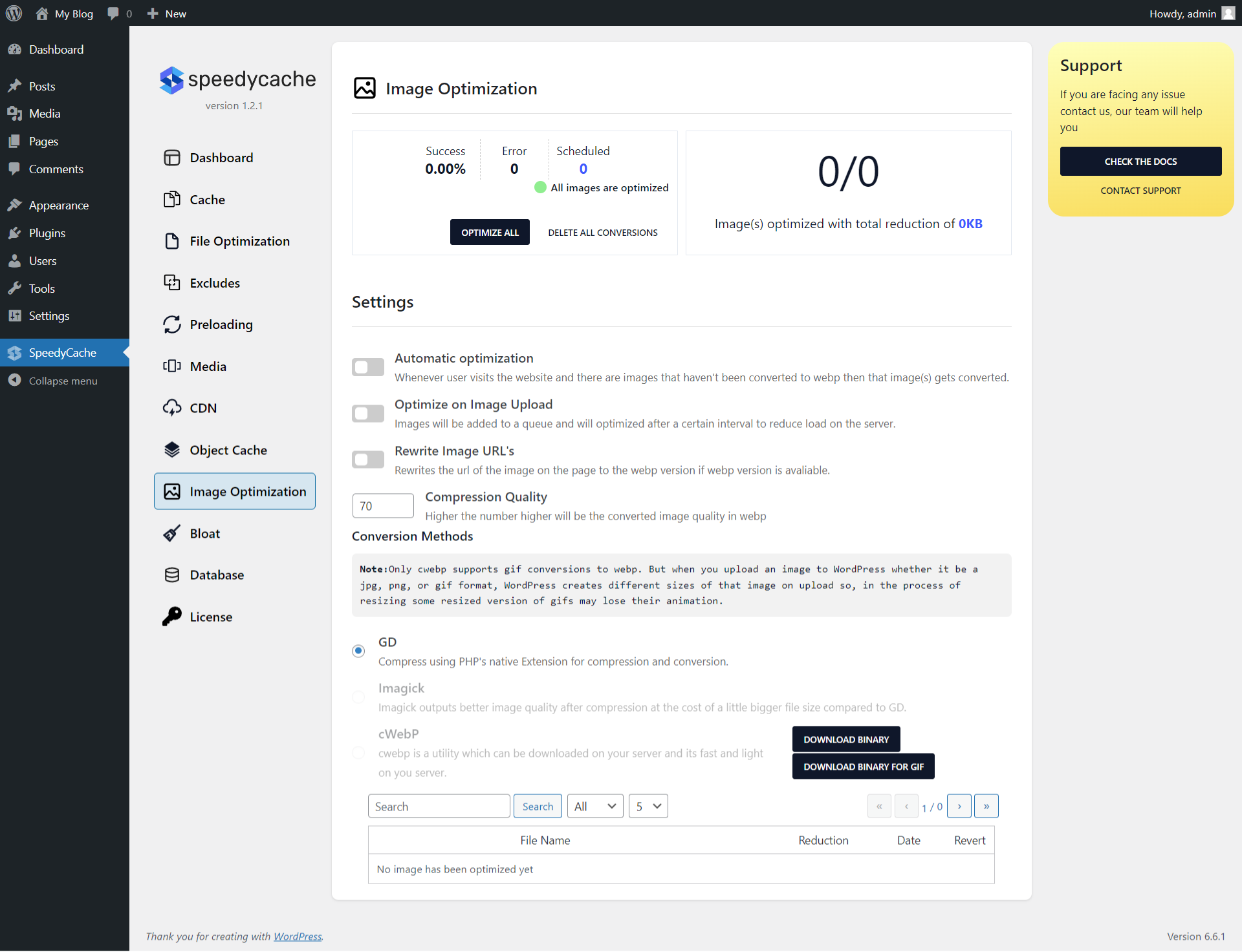 SpeedyCache Image optimization tab