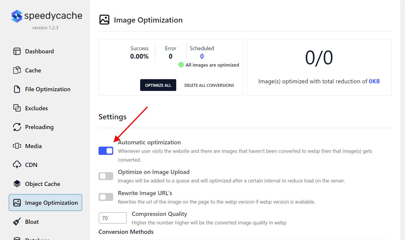 Automatic image optimization option enabled in Image optimization tab