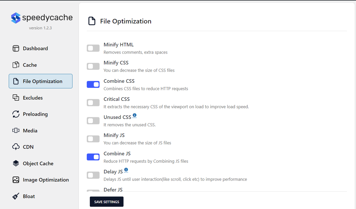 Combine JS and CSS options enabled in File Optimization tab