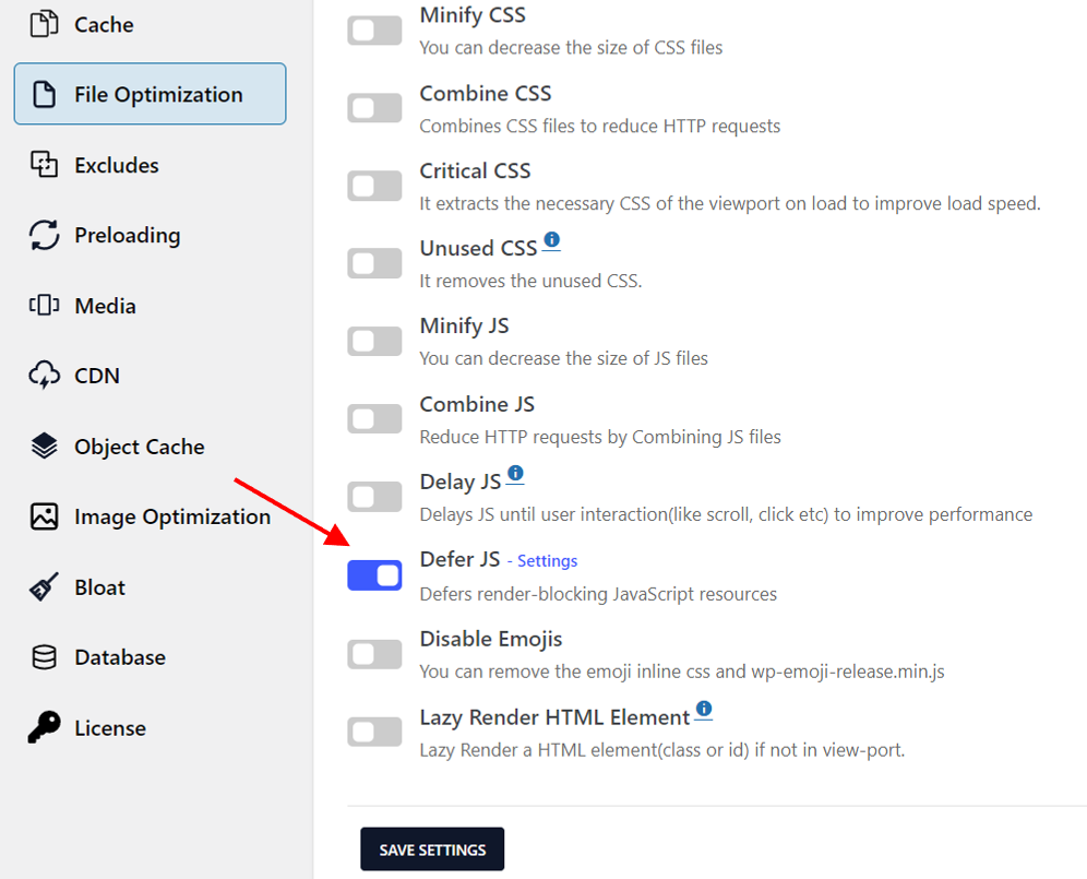 Defer JS enabled in File Optimization tab