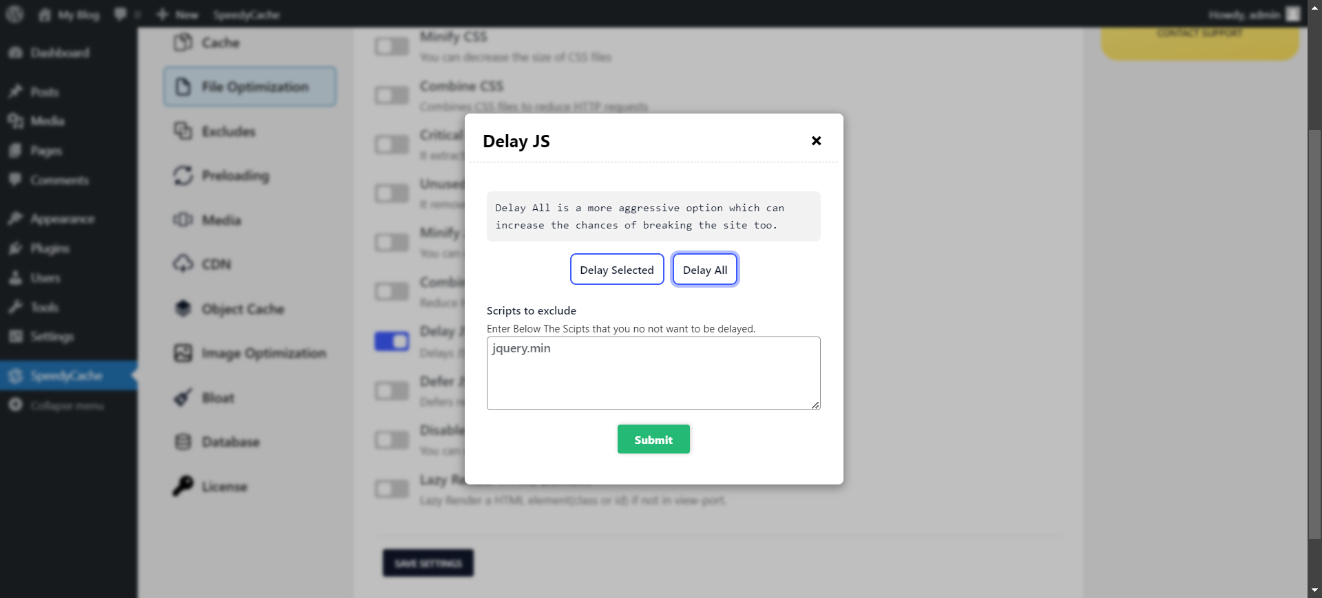 Delay JS settings with Delay all JS selected