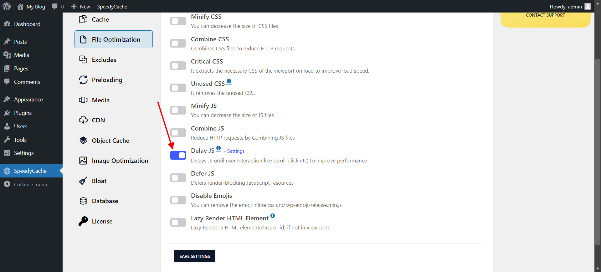 Delay JS option in the SpeedyCache File Optimization tab