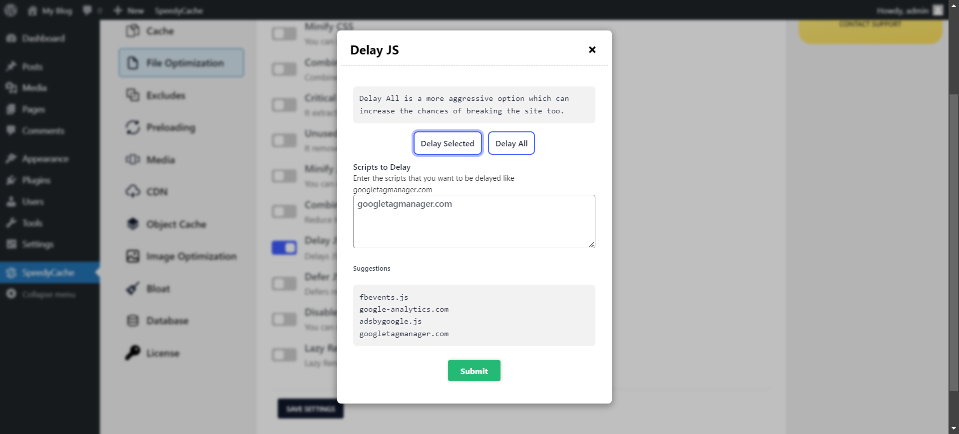 A Popup for the settings of Delay JS with selected JS option selected