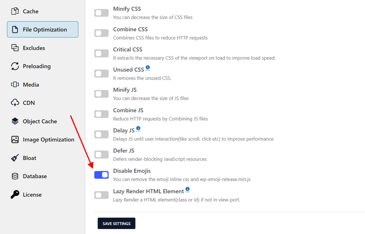 Disable Emojis option enabled in File Optimization tab