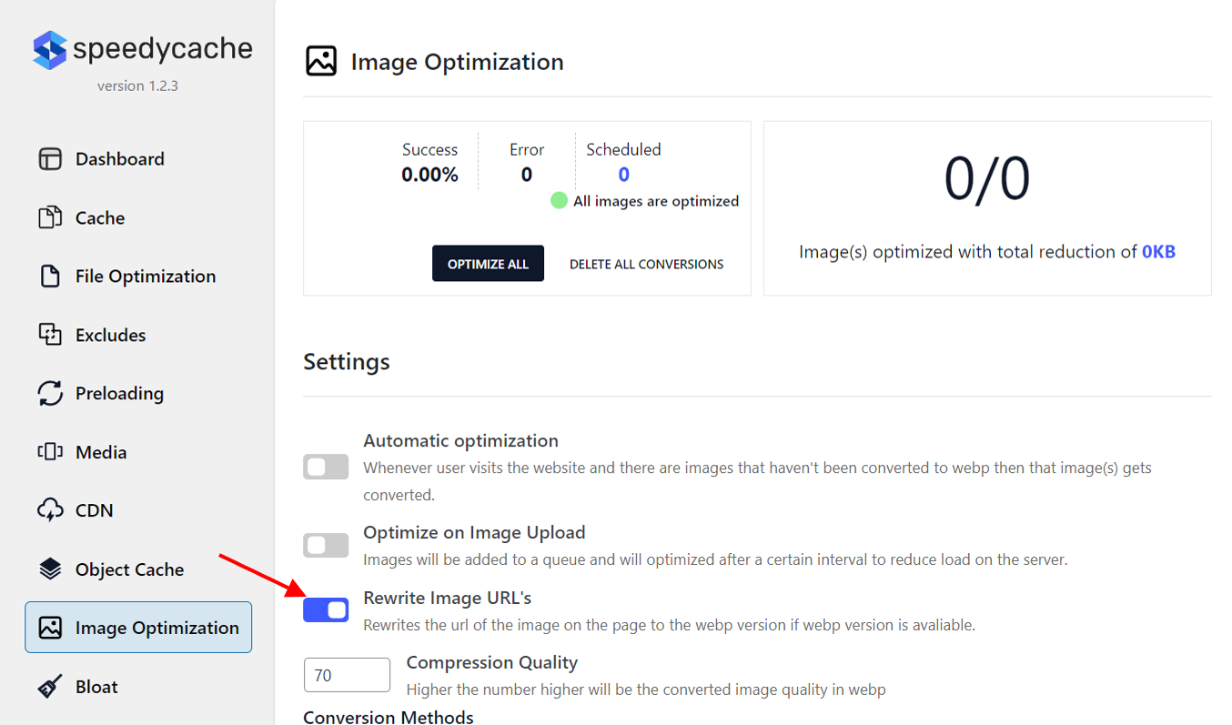 Rewrite URL's option enabled in Image Optimization tab