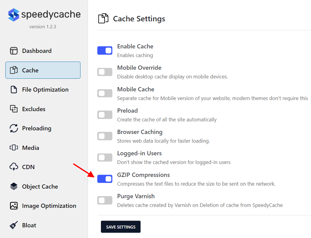 Enabling GZIP compression in Cache tab