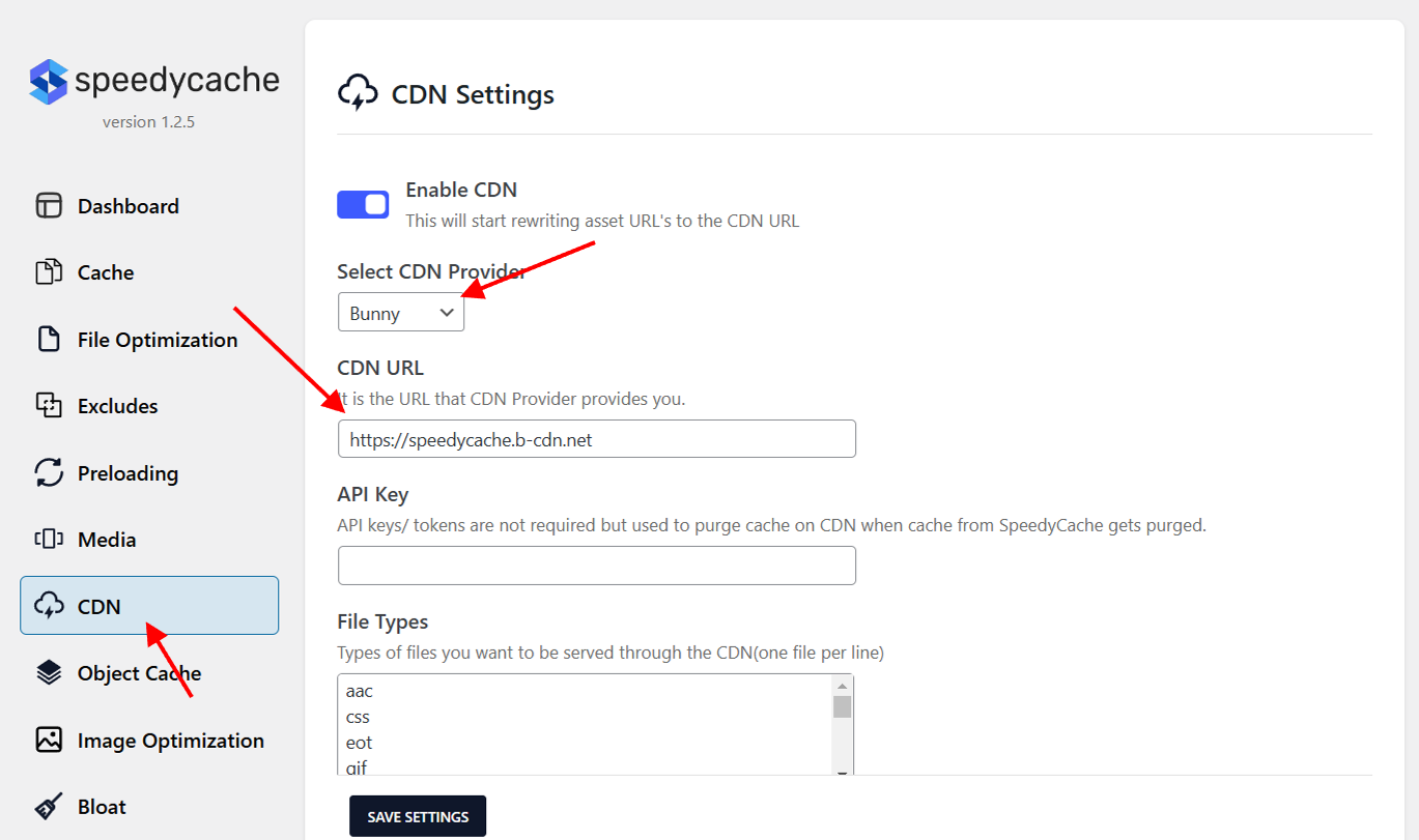 SpeedyCache CDN Settings panel showing integration steps for Bunny CDN, including options to enable CDN, select CDN provider, enter CDN URL