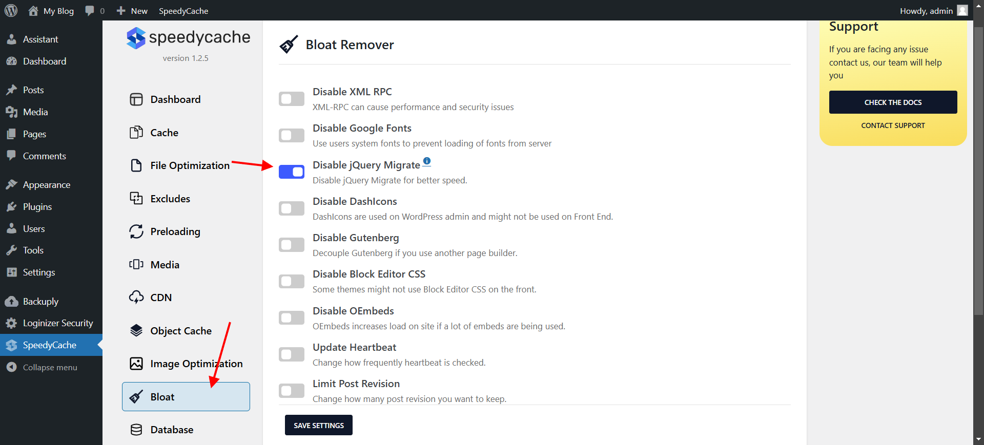 Disable jQuery Migrate setting field