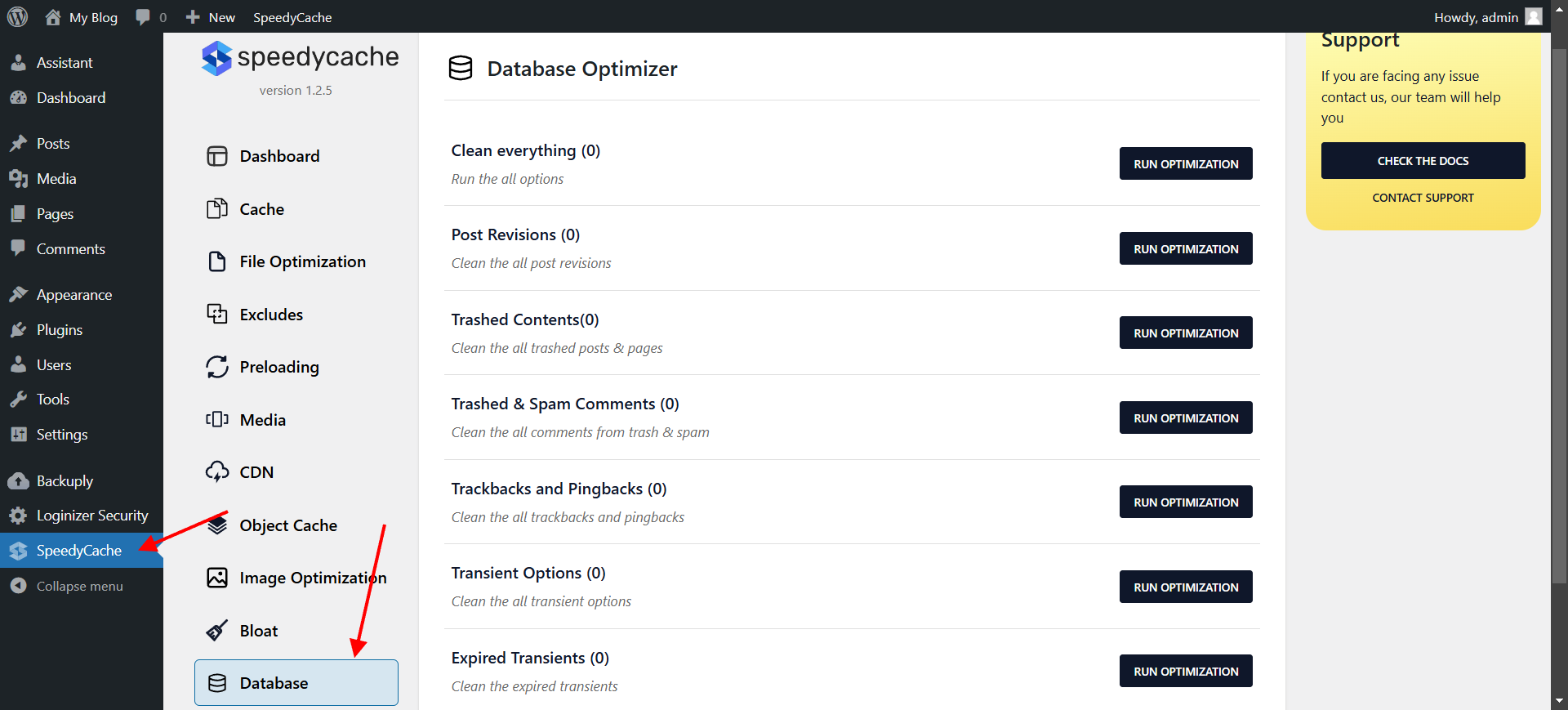 SpeedyCache DB Cleaner Tab