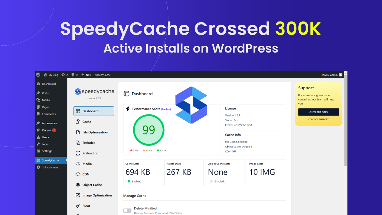 SpeedyCache Crossed 300K Installs on WordPress