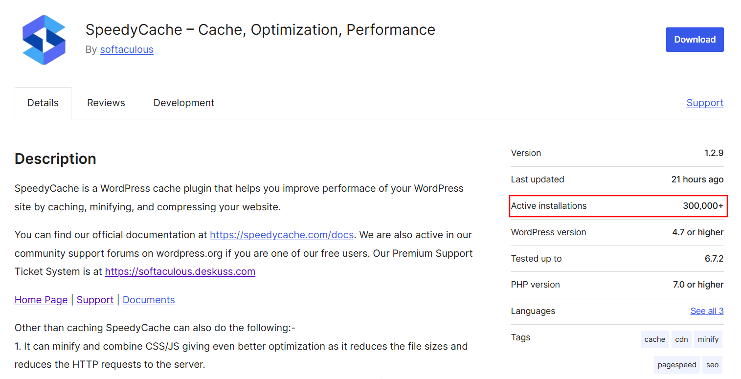 Screenshot of SpeedyCache Page on WordPress